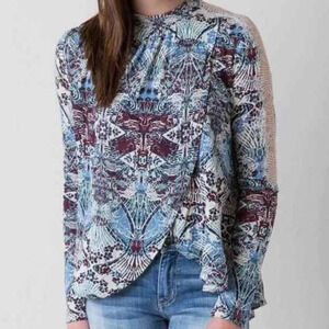 Free People New World Long Sleeve Top Linen Blend Purple Blue Ivory Lace…